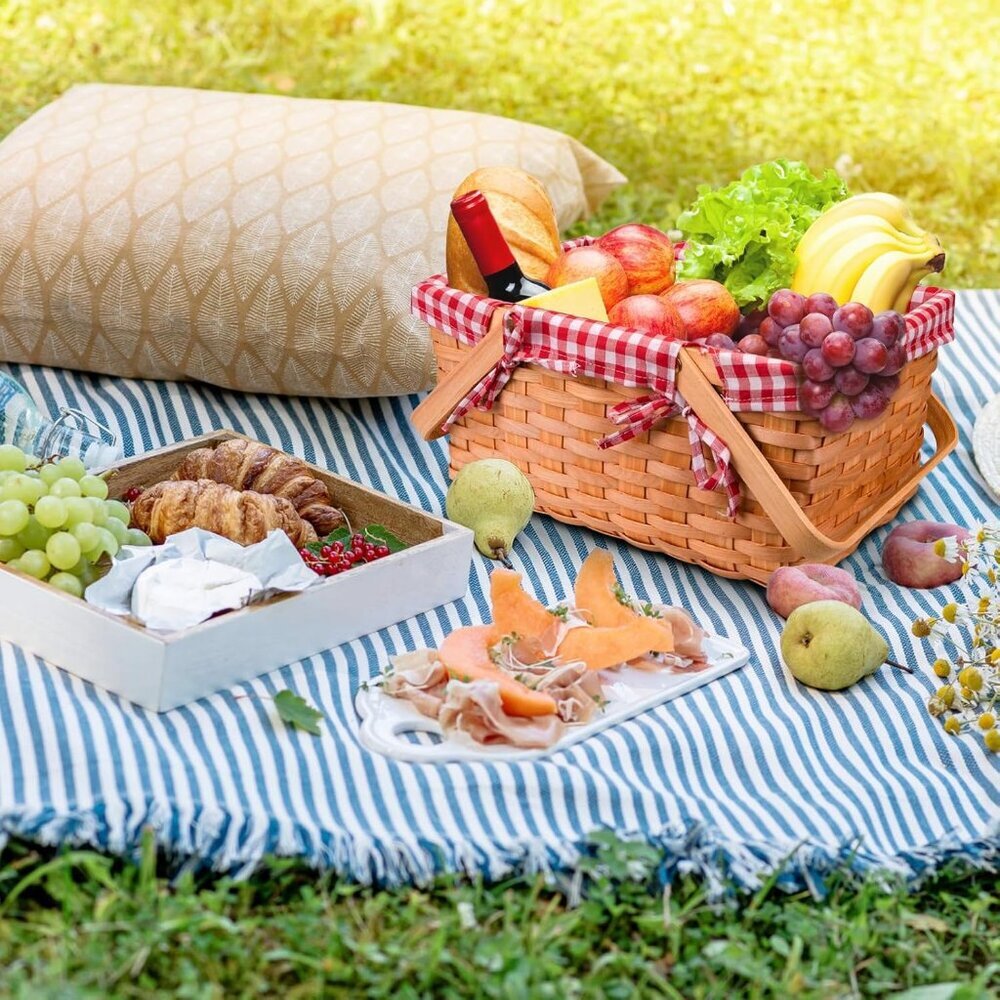 Picnic Basket, Natural Woven Basket with Double Folding Handles, Woodchip Basket - Picture 2 of 8